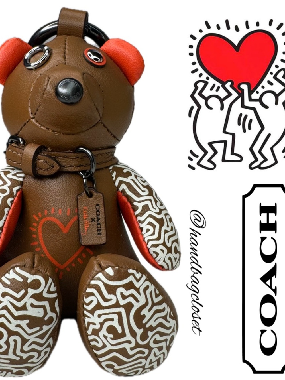 Coach Keith Haring Leather Heart Bear Bag Charm/Rare Fob  20138 Keychain - Picture 12 of 13